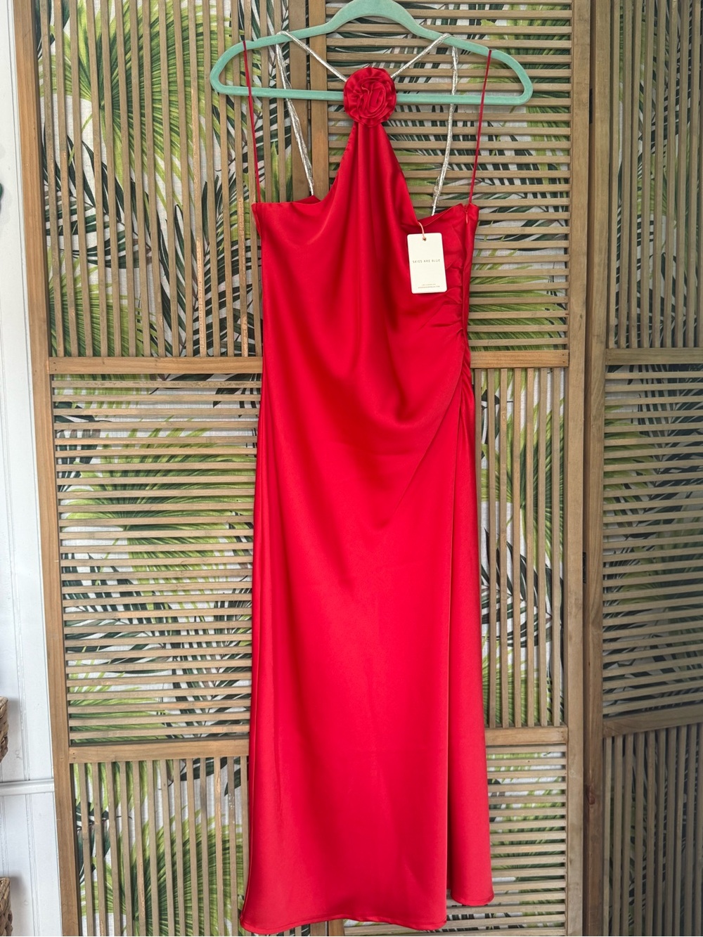 Red Halter Slip Dress with Rosette Detail